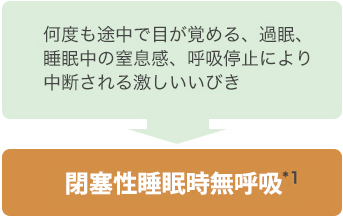 何度も途中で目が覚める、過眠、睡眠中の窒息感、呼吸停止により中断される激しいいびき→閉塞性睡眠時無呼吸